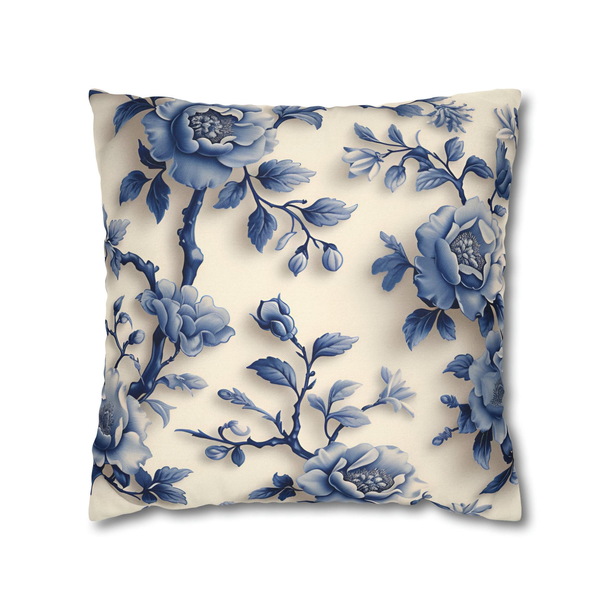 Elegant Chinoiserie Blue Floral Pillow Cover: Porcelain-Inspired Off-White
