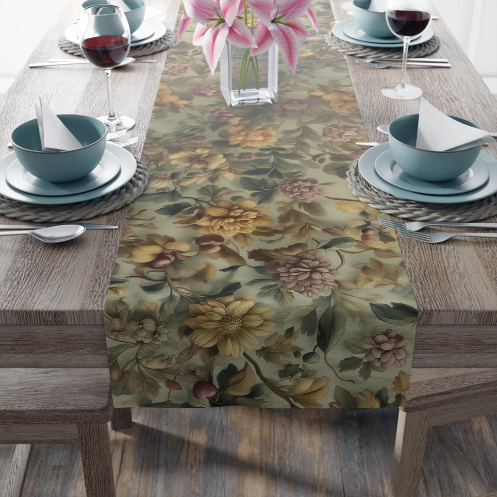 William Morris Inspired Botanical Table Runner: Sage, Wine & Wheat Hue