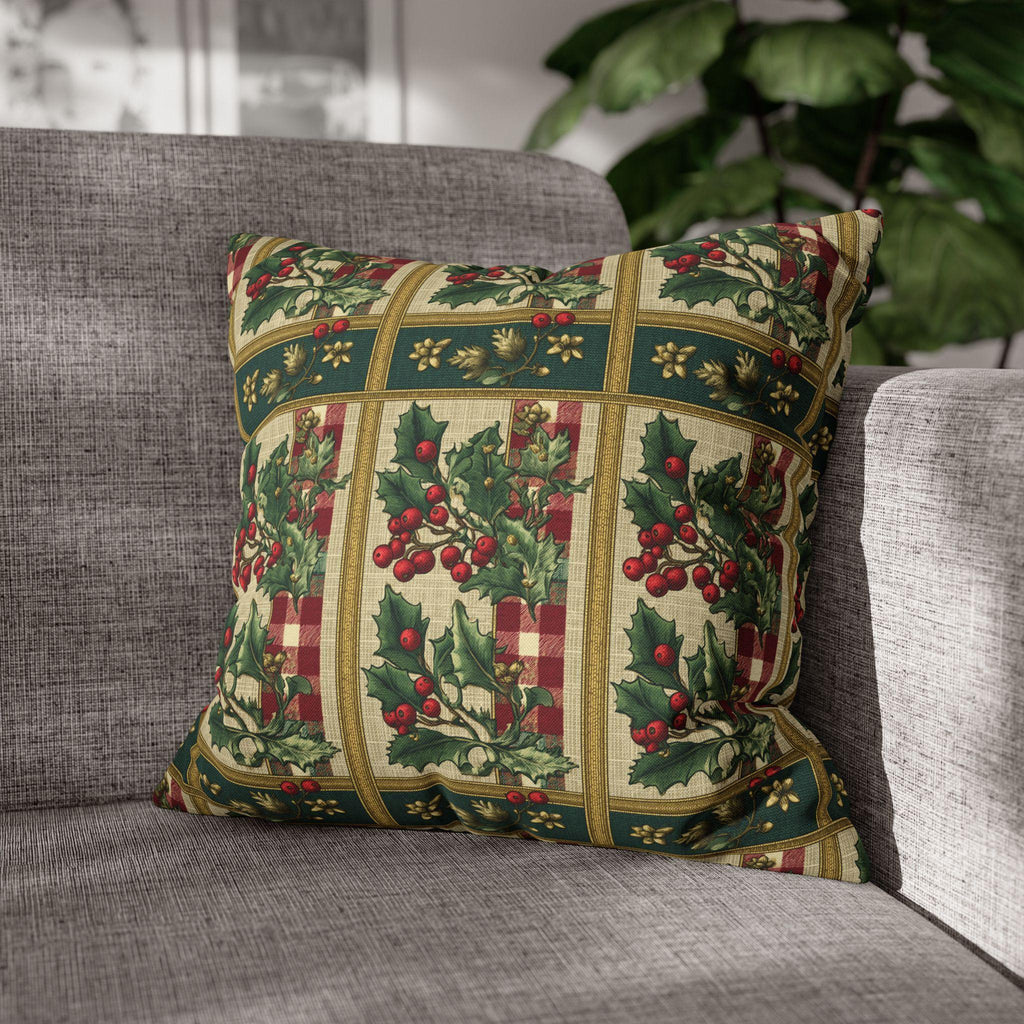 Gingham & Holly Christmas Pillow Cover:  Classic Vintage Holiday Style with Stripes