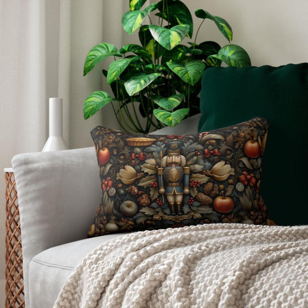 William Morris Nutcracker Lumbar Pillow: Woodland Holly & Pinecone Holiday Design