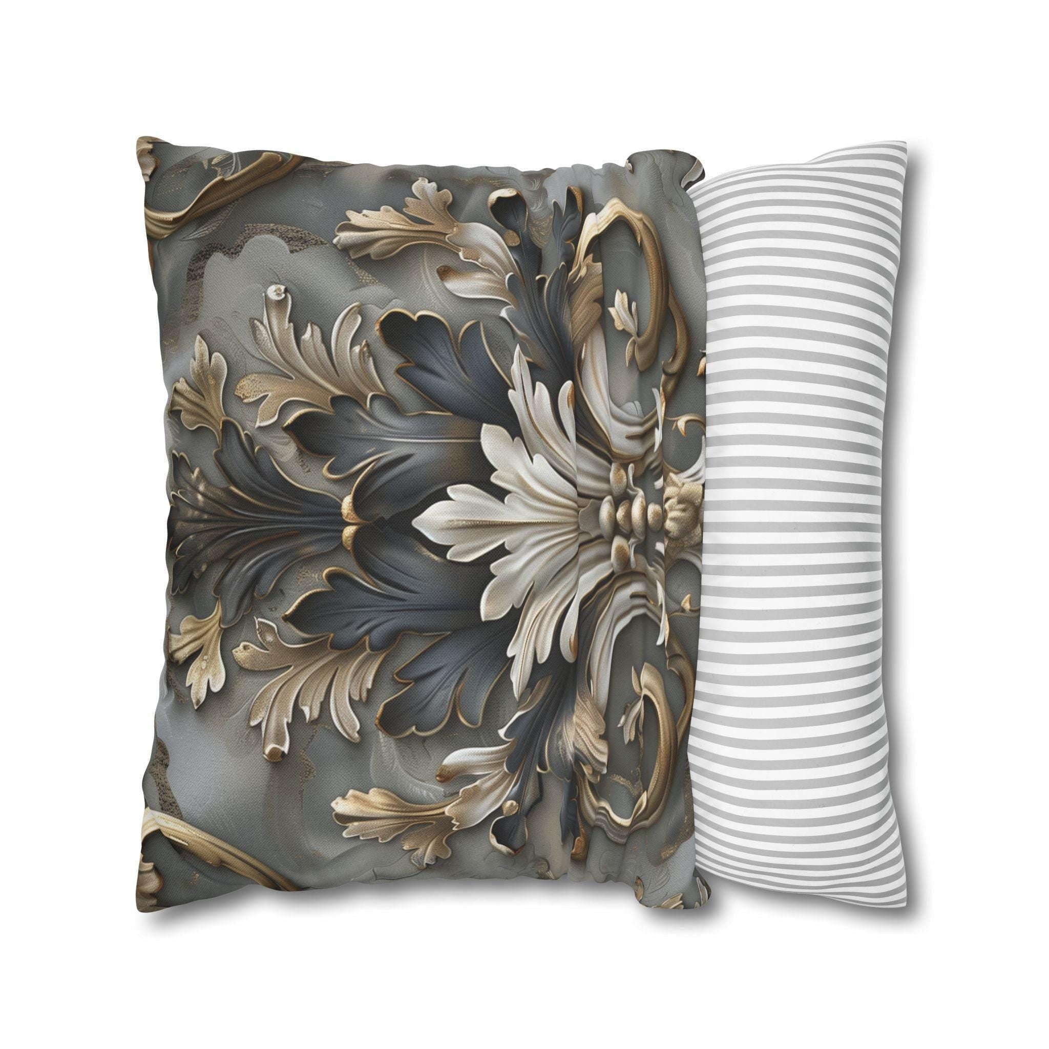 Baroque Pillow Cover: Ornate Gray, Gold, and Black Floral Design