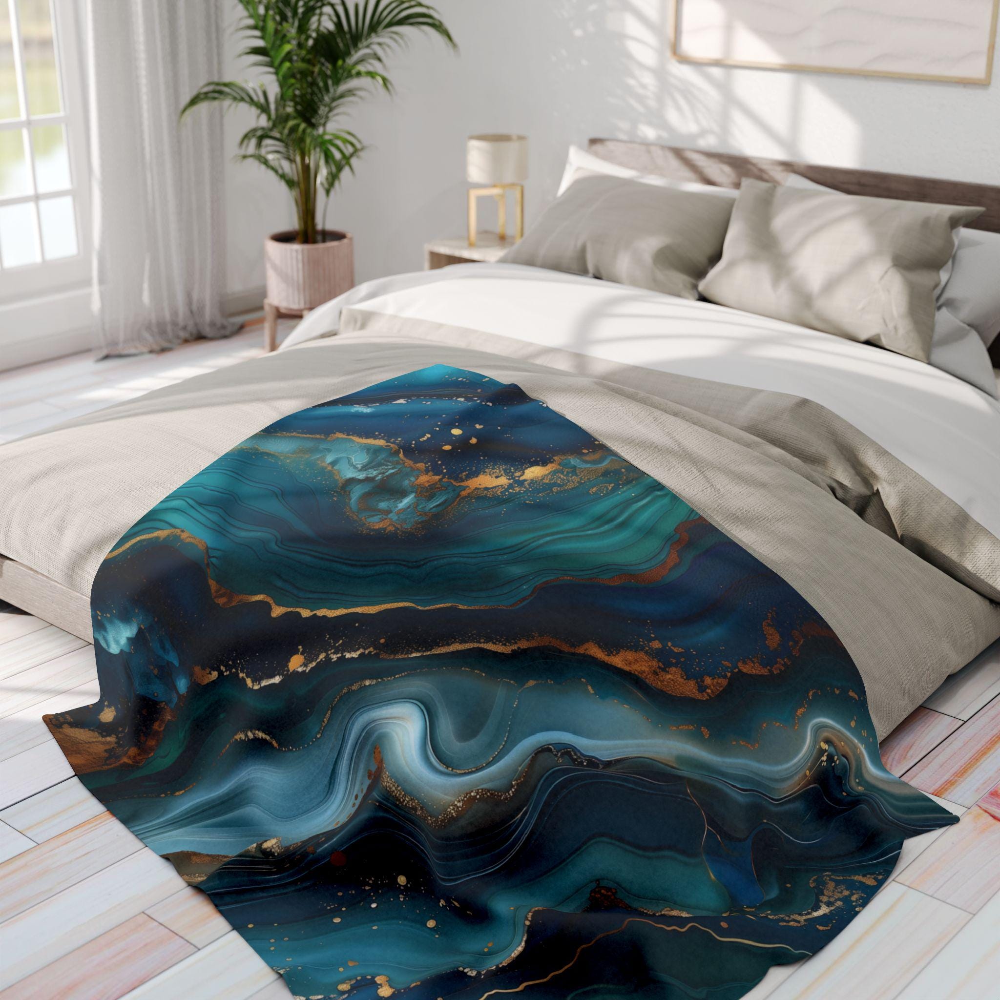 Ocean Waves Fleece Throw: Teal Navy & Gold Accent Blanket