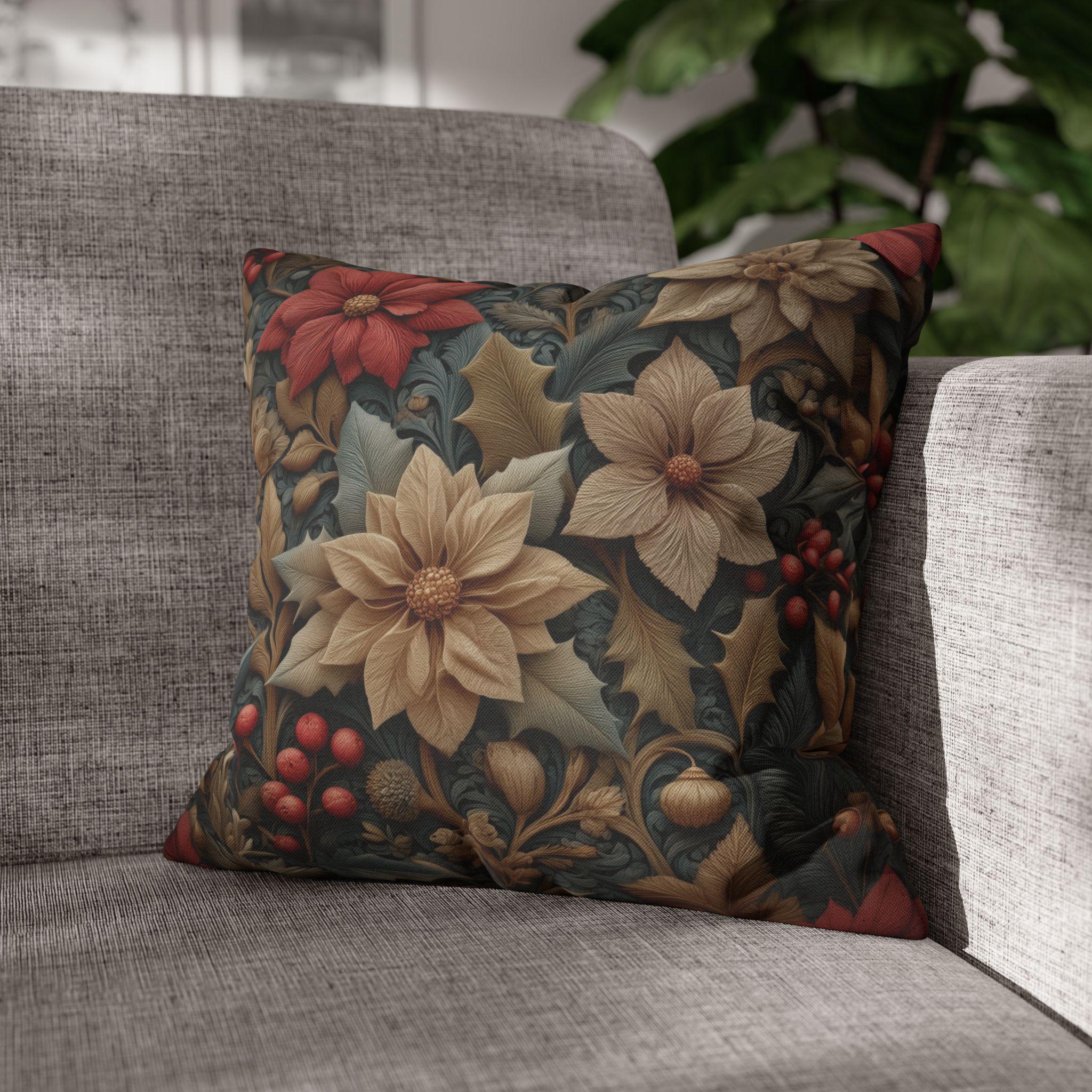 William Morris Christmas Pillow Cover: Wine & Pale Taupe Poinsettias with Clay on Gray Background
