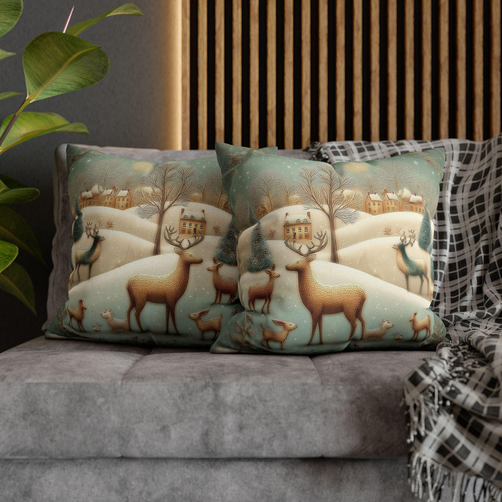 Whimsical Woodland Christmas Pillow Cover: Storybook Deer & Snowy Village