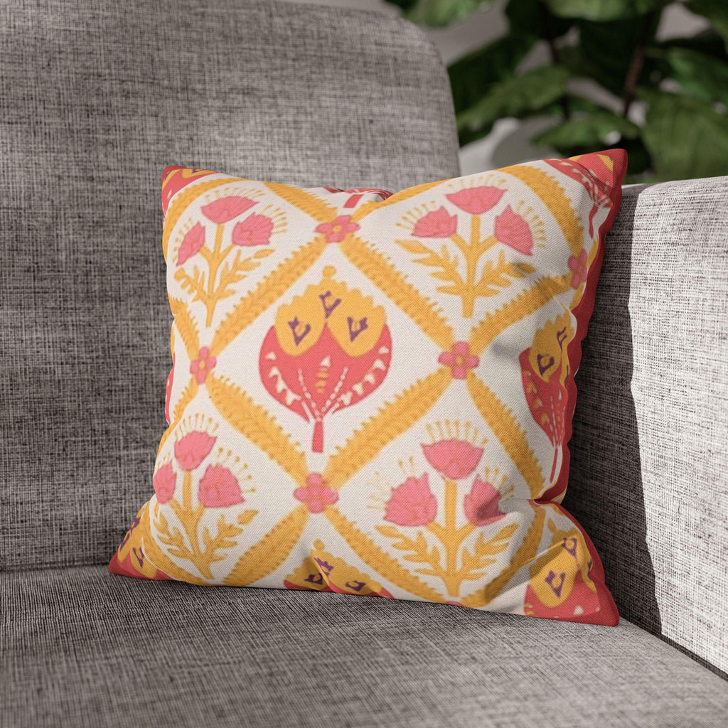 Reversible Floral Pillowcase: Pink & Coral Blossoms with Diamond Lattice - Decorative Home Accent Gift
