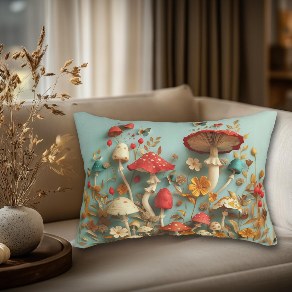Mushroom Lumbar Throw Pillow: Magical Forest Whimsical Design