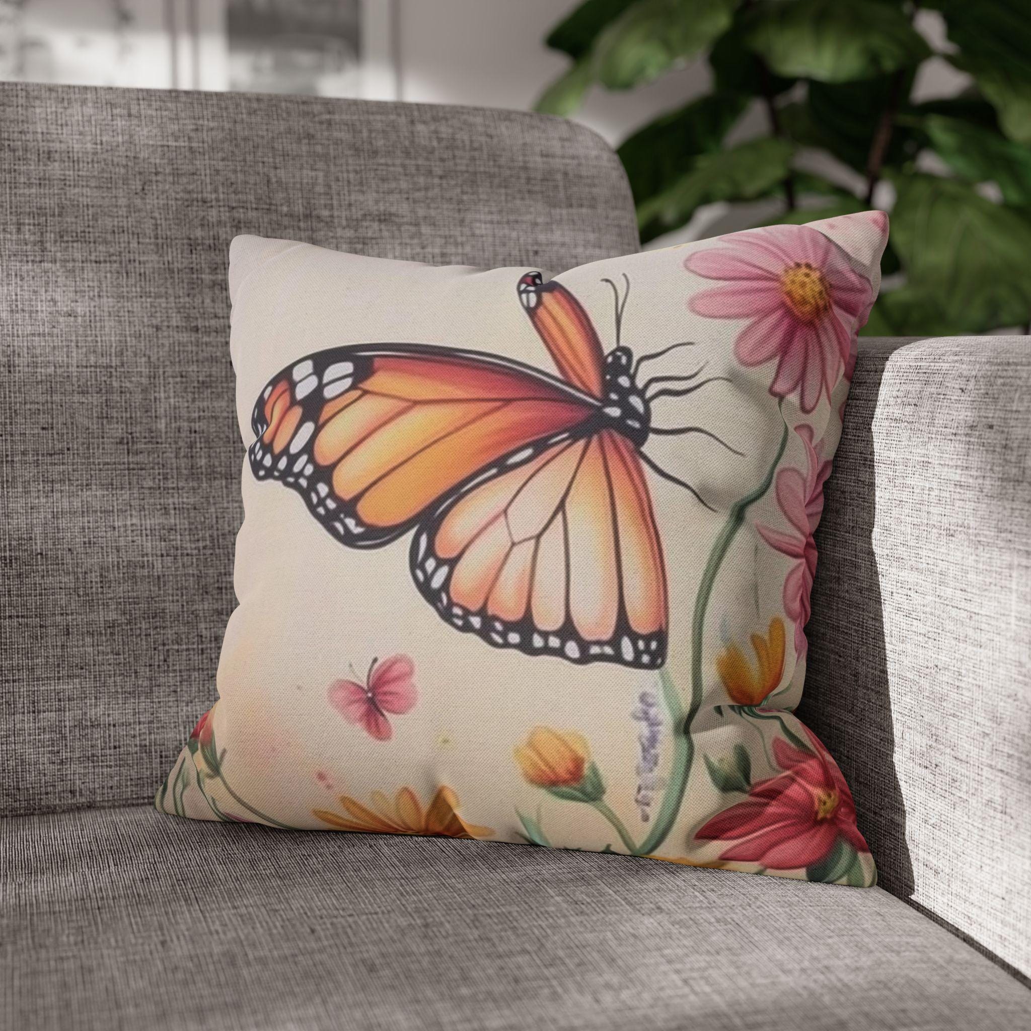 Monarch Butterfly Pillow Cover: Colorful Wildflower Garden on Soft Peach Background