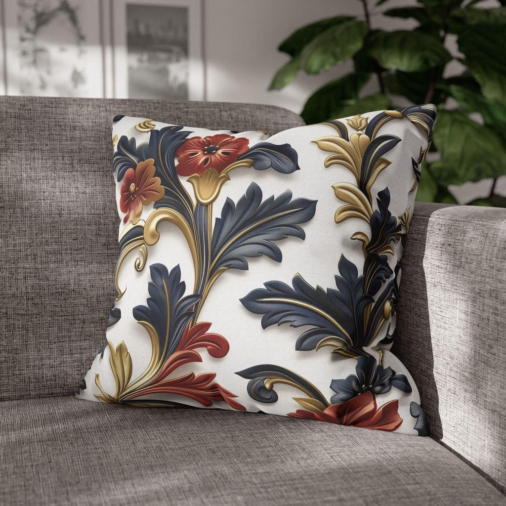 Luxurious Baroque-Inspired Floral Pillow Cover: Navy, Gold, Red on White Background