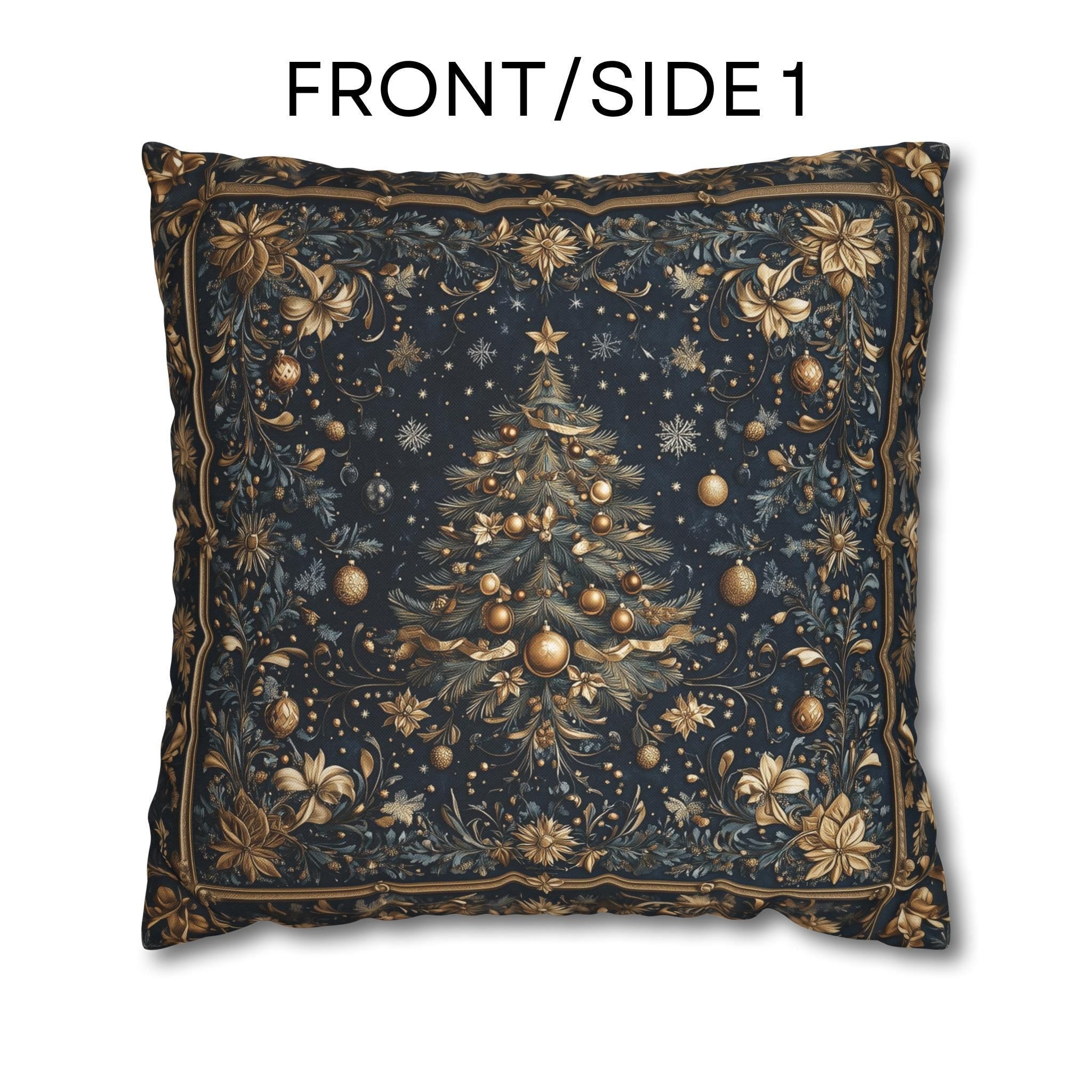 William Morris Inspired Christmas Tree Pillow Cover:  Midnight Blue with Vintage Style Florals