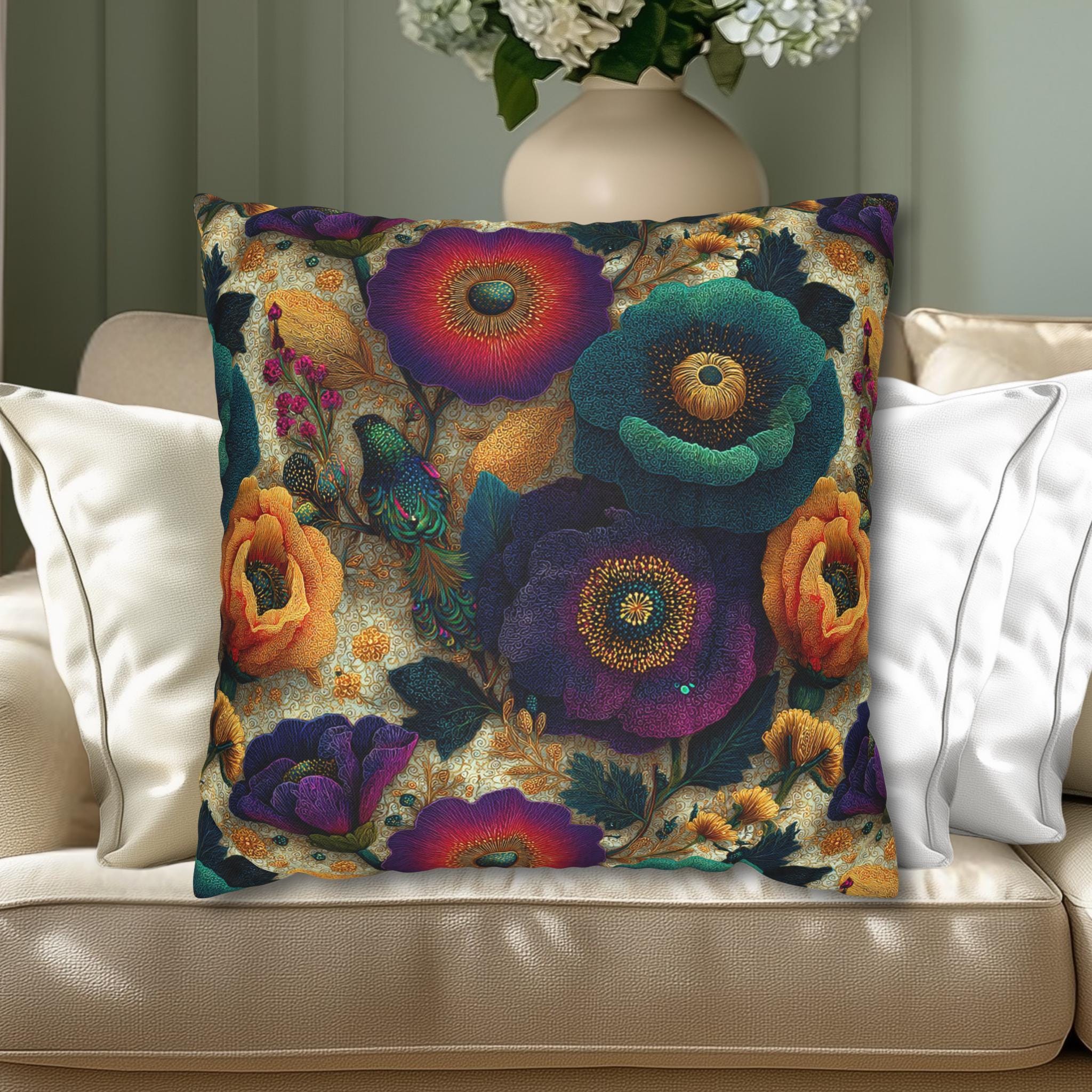 Colorful Art Nouveau Pillow Cover: Jewel Tone Floral Decor Inspired by Gustav Klimt