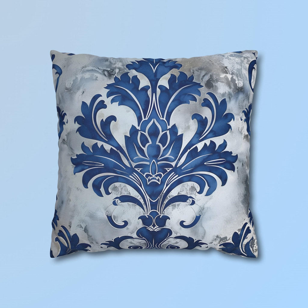 Elegant Royal Blue & Silver Baroque Floral Square Pillow Cover for Upscale Living Room Decor