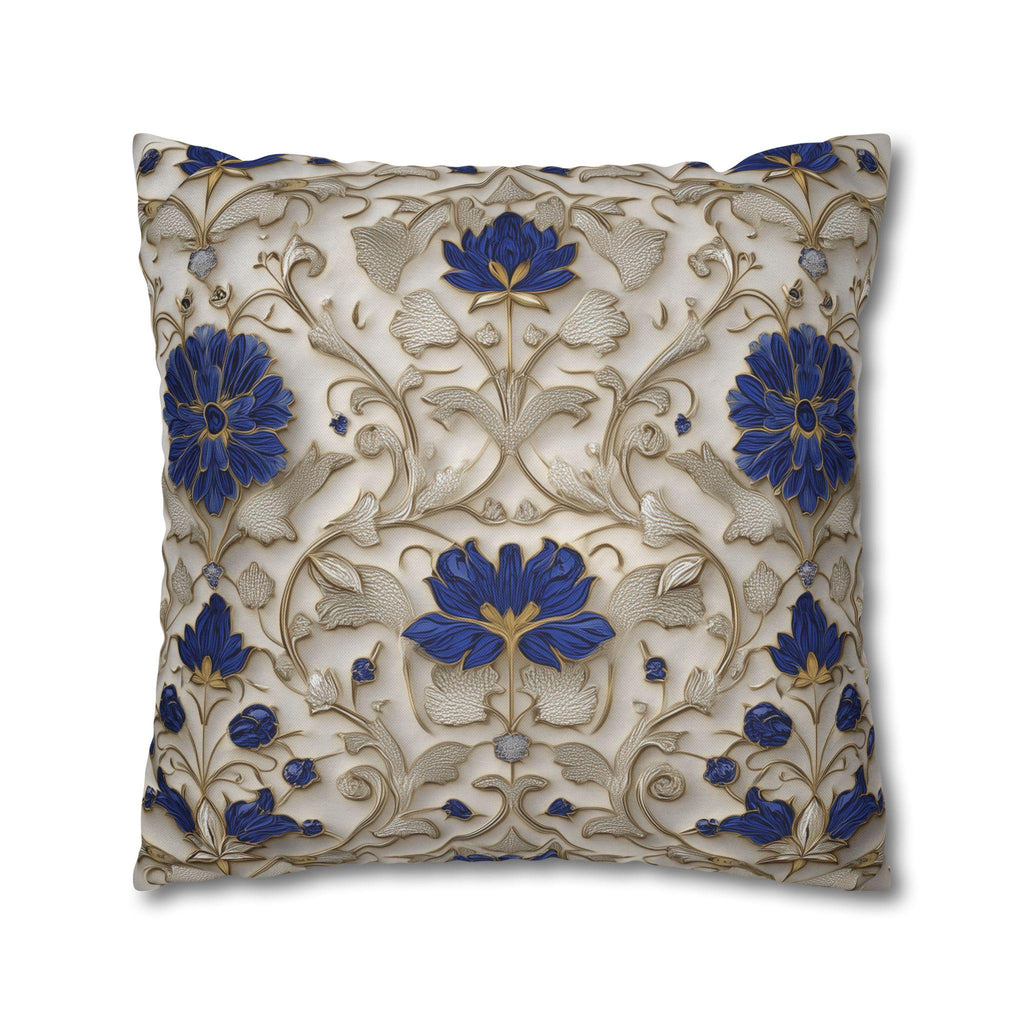 Elegant Cobalt and Gold Baroque Pillow Cover: Blue and Cream Decorative Accent Cushion