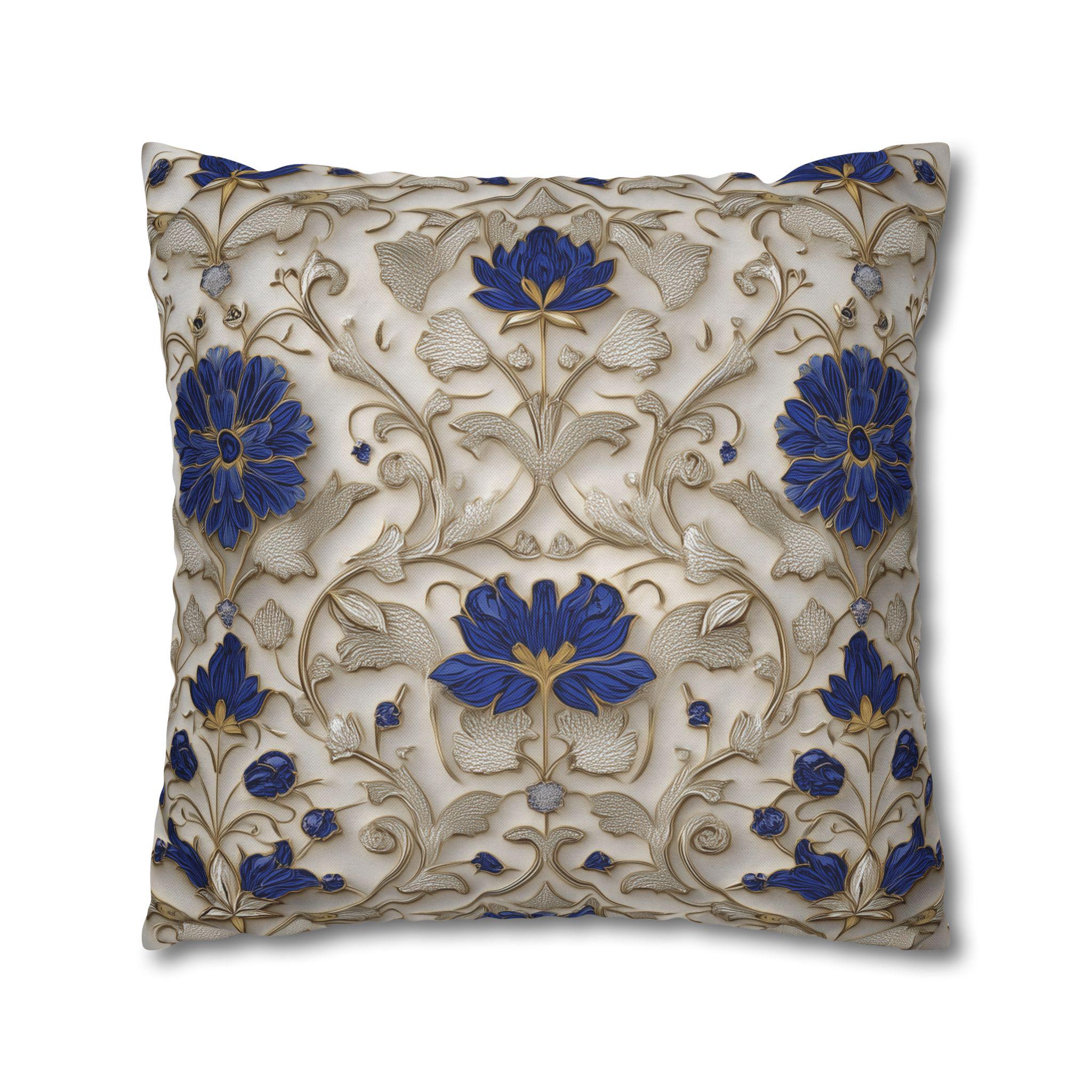 Elegant Cobalt and Gold Baroque Pillow Cover: Blue and Cream Decorative Accent Cushion