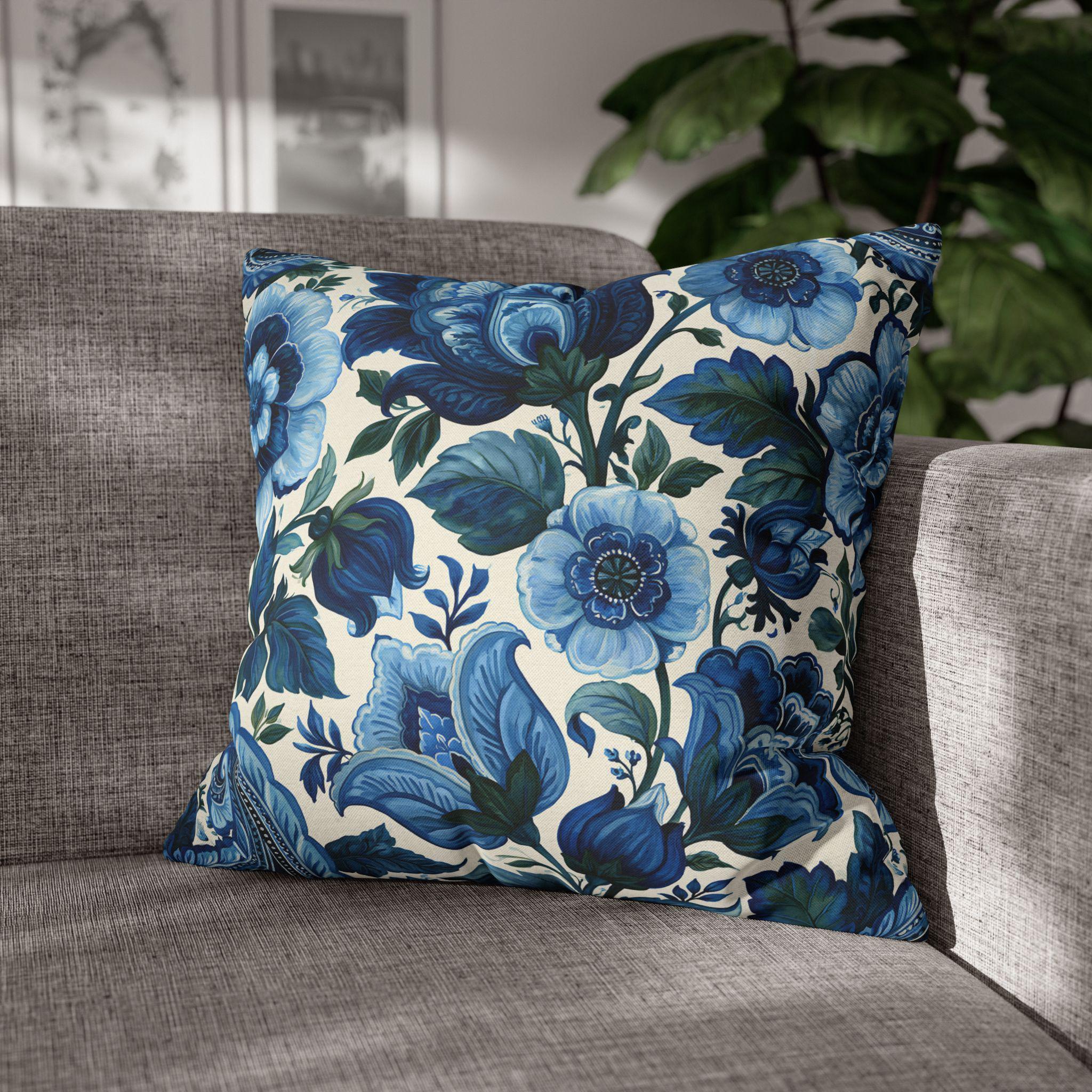 Blue and White Botanical Pillow Cover: Stylized Floral Vine Design