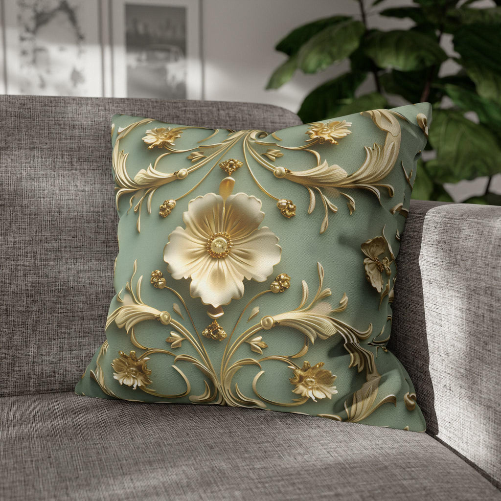 Elegant French Floral 3D Pillow Cover: Teal Blue & Gold Intricate Design for Classical Decor