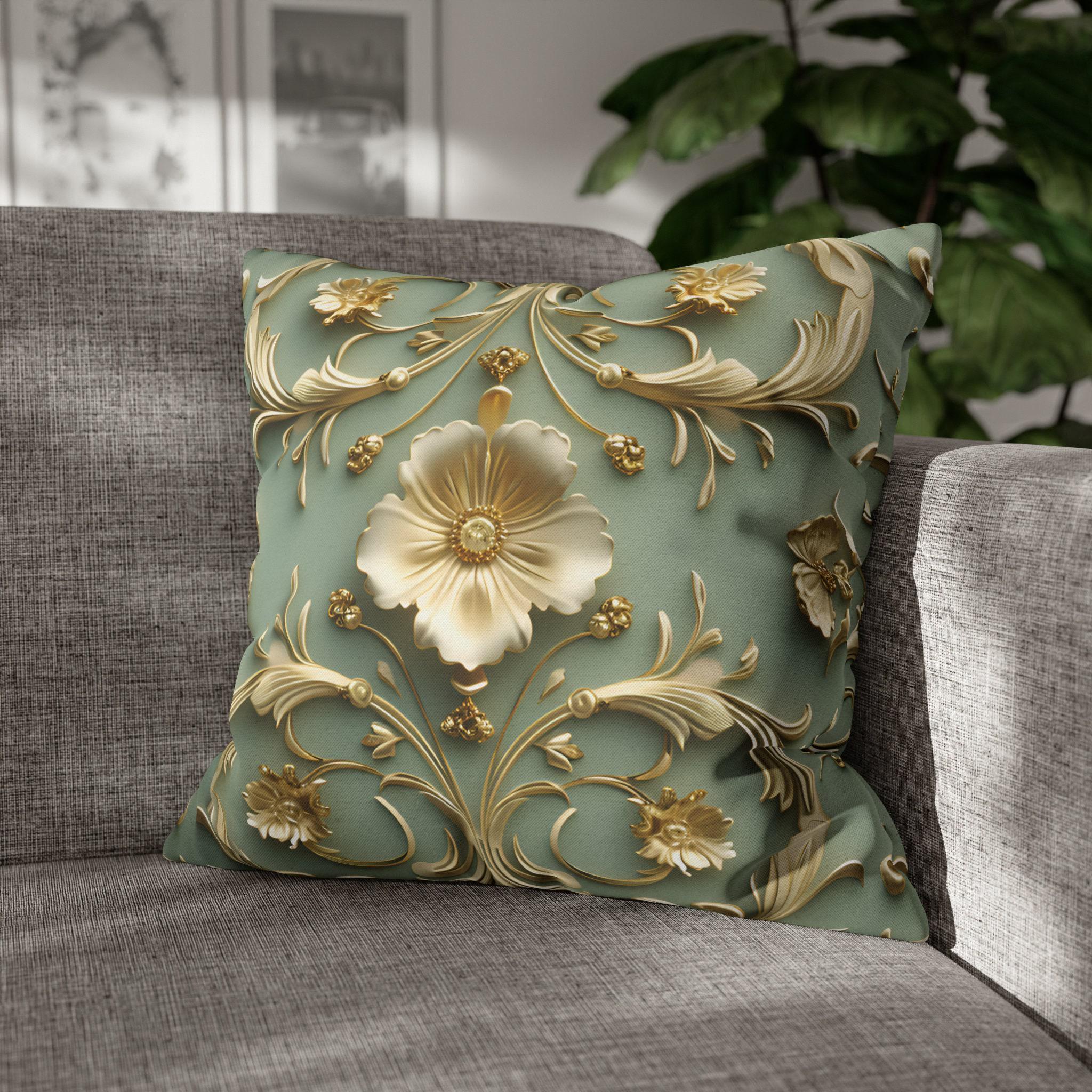 Elegant French Floral 3D Pillow Cover: Teal Blue & Gold Intricate Design for Classical Decor