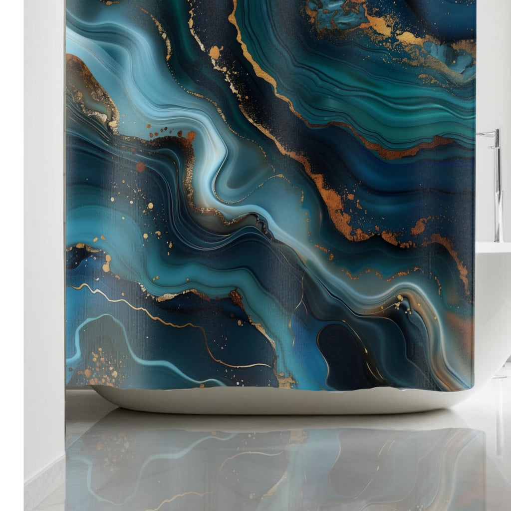 Ocean Wave Shower Curtain: Teal Navy Marble Print with Gold Accents