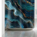 Ocean Wave Shower Curtain: Teal Navy Marble Print with Gold Accents