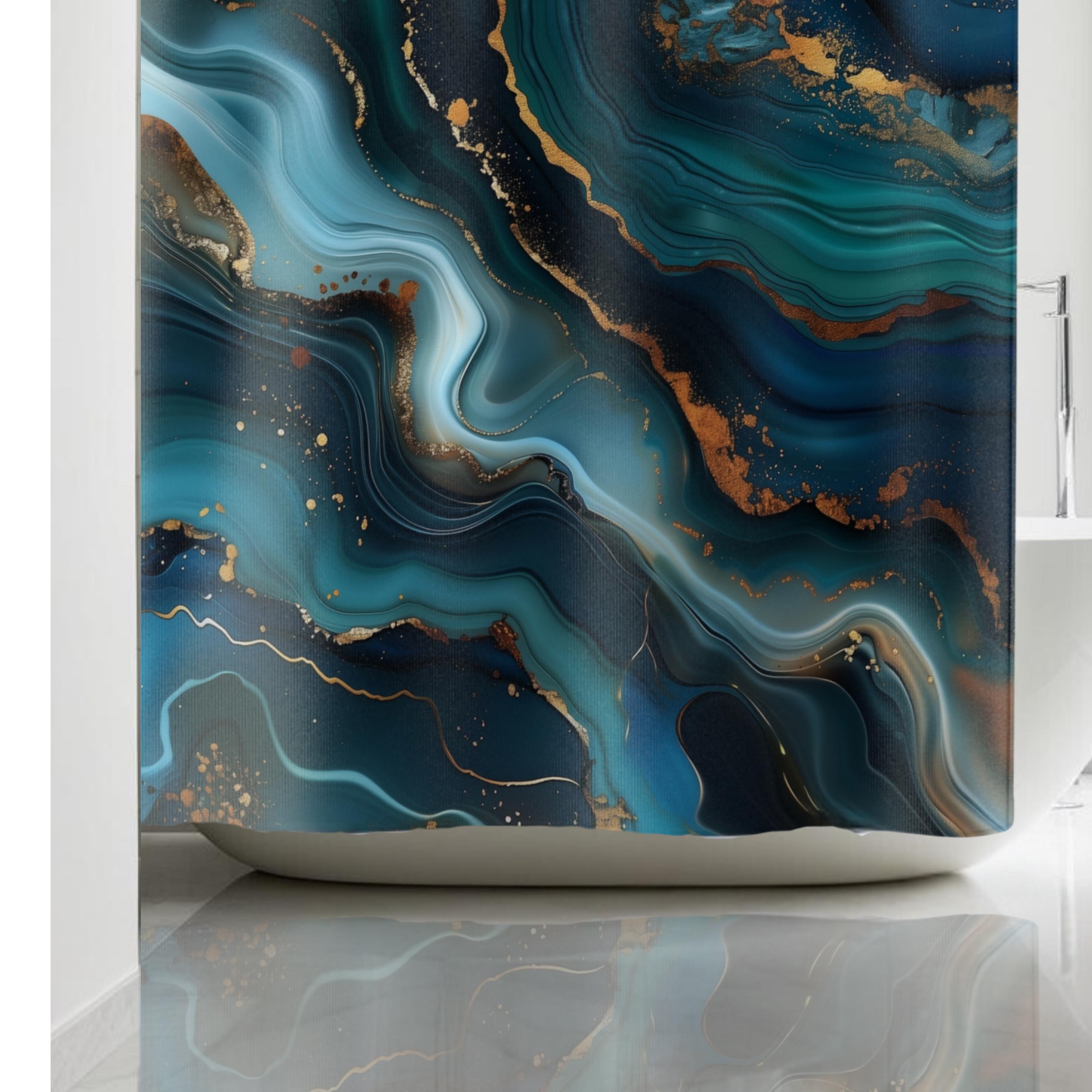 Ocean Wave Shower Curtain: Teal Navy Marble Print with Gold Accents