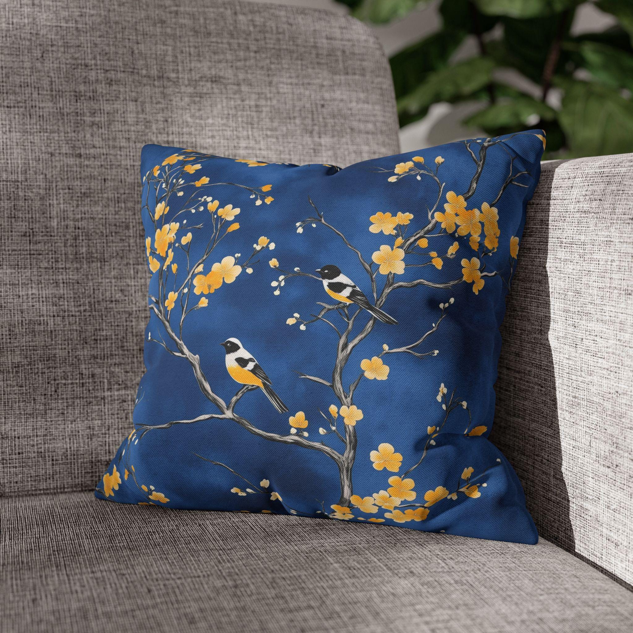 Royal Blue Chinoiserie Pillow Cover: Elegant Asian-Inspired Cushion with Yellow Blossoms and Birds