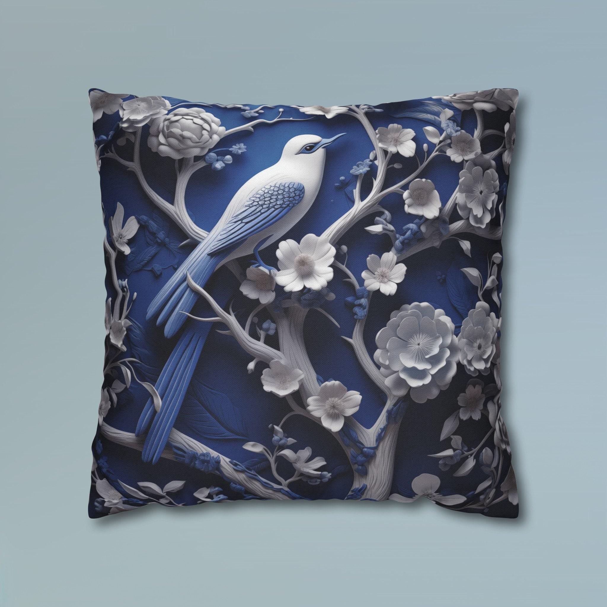 Elegant Chinoiserie Blue Bird Pillow Cover: Porcelain-Inspired White Blossom Home Decor Cushion