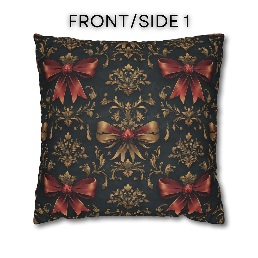 Baroque Christmas Pillow Cover: Green Charcoal Red Gold Bows