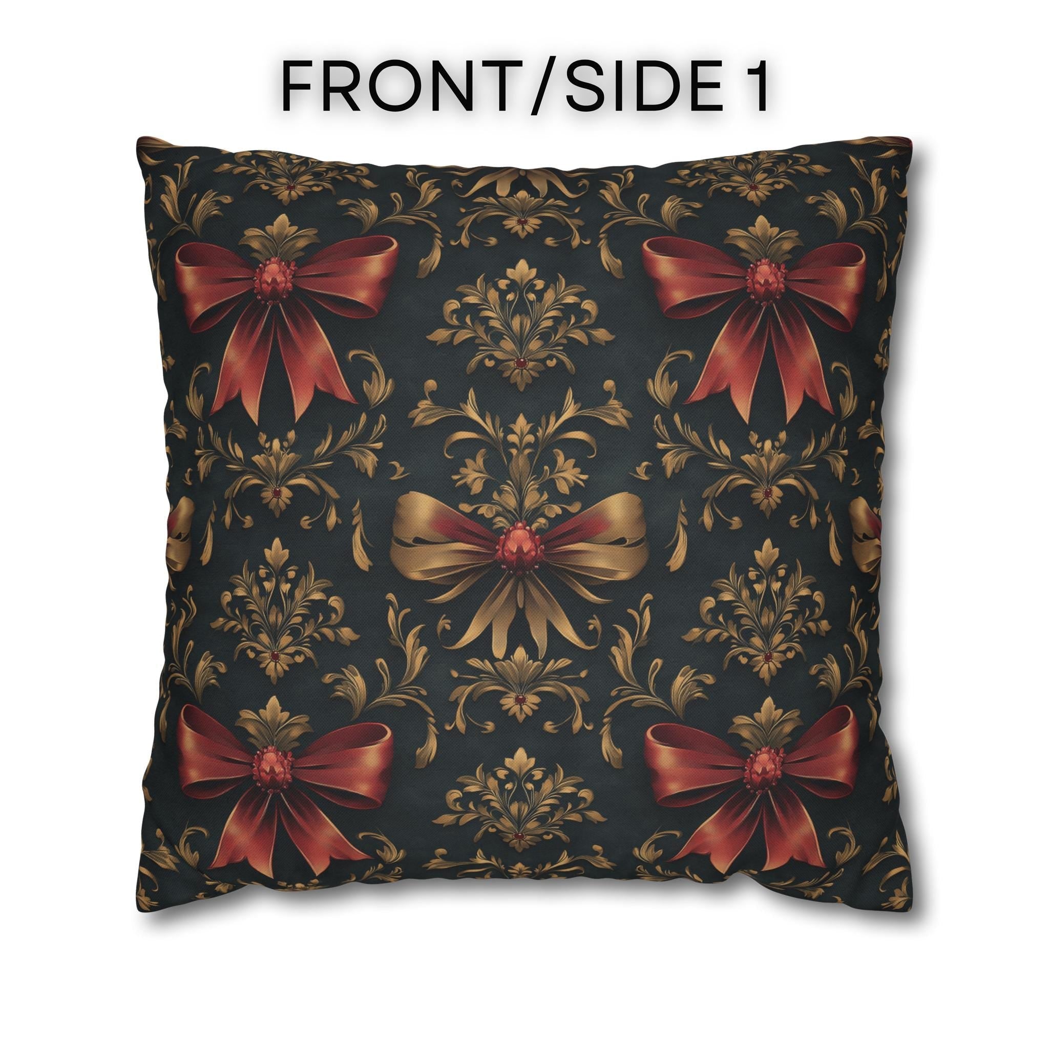 Baroque Christmas Pillow Cover: Green Charcoal Red Gold Bows