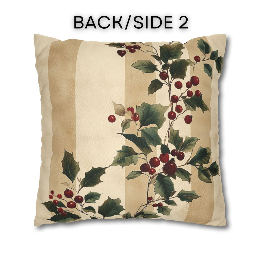 Vintage Style Holly & Stripes Pillow Cover: Classic Christmas Botanical Accent