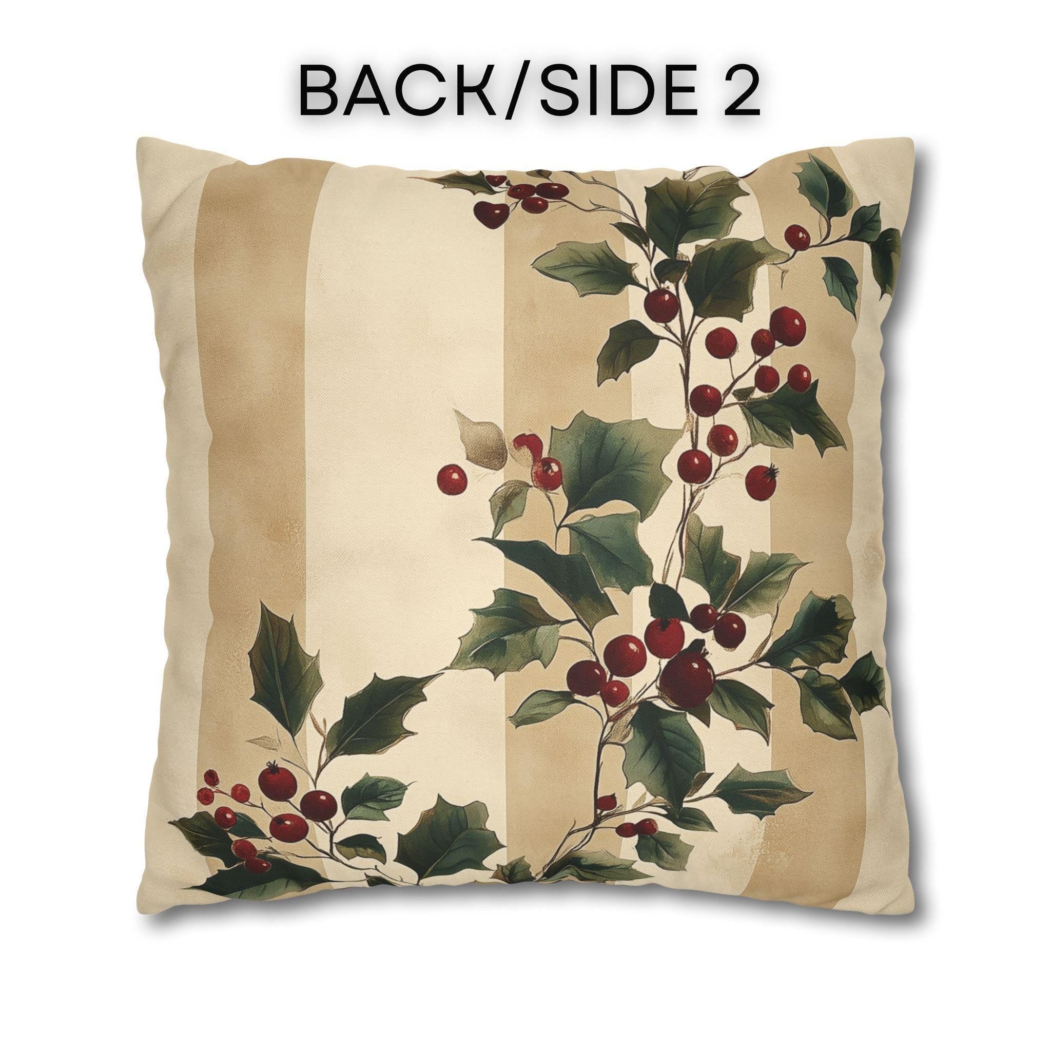 Vintage Style Holly & Stripes Pillow Cover: Classic Christmas Botanical Accent