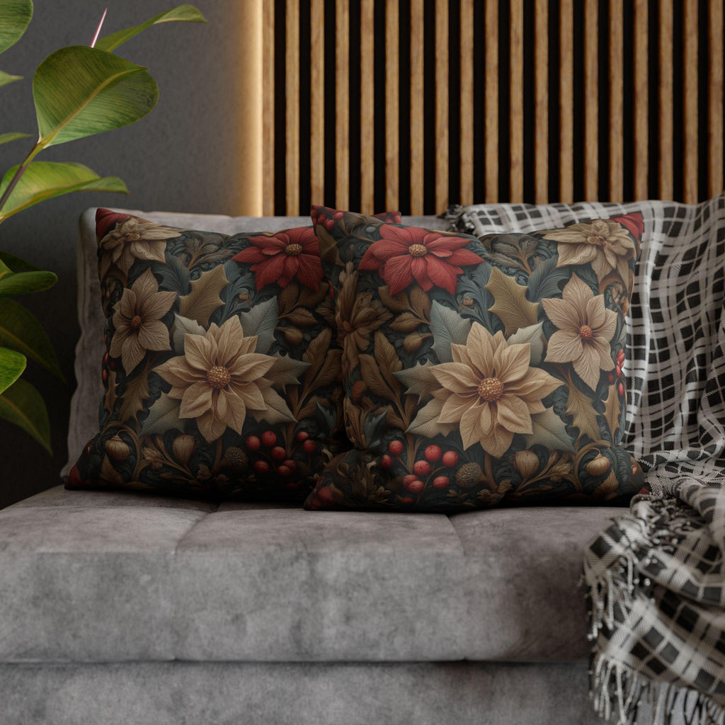William Morris Christmas Pillow Cover: Wine & Pale Taupe Poinsettias with Clay on Gray Background