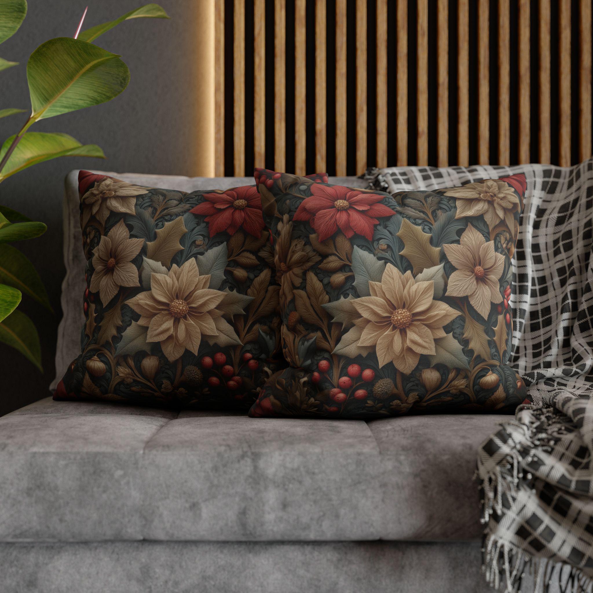 William Morris Christmas Pillow Cover: Wine & Pale Taupe Poinsettias with Clay on Gray Background