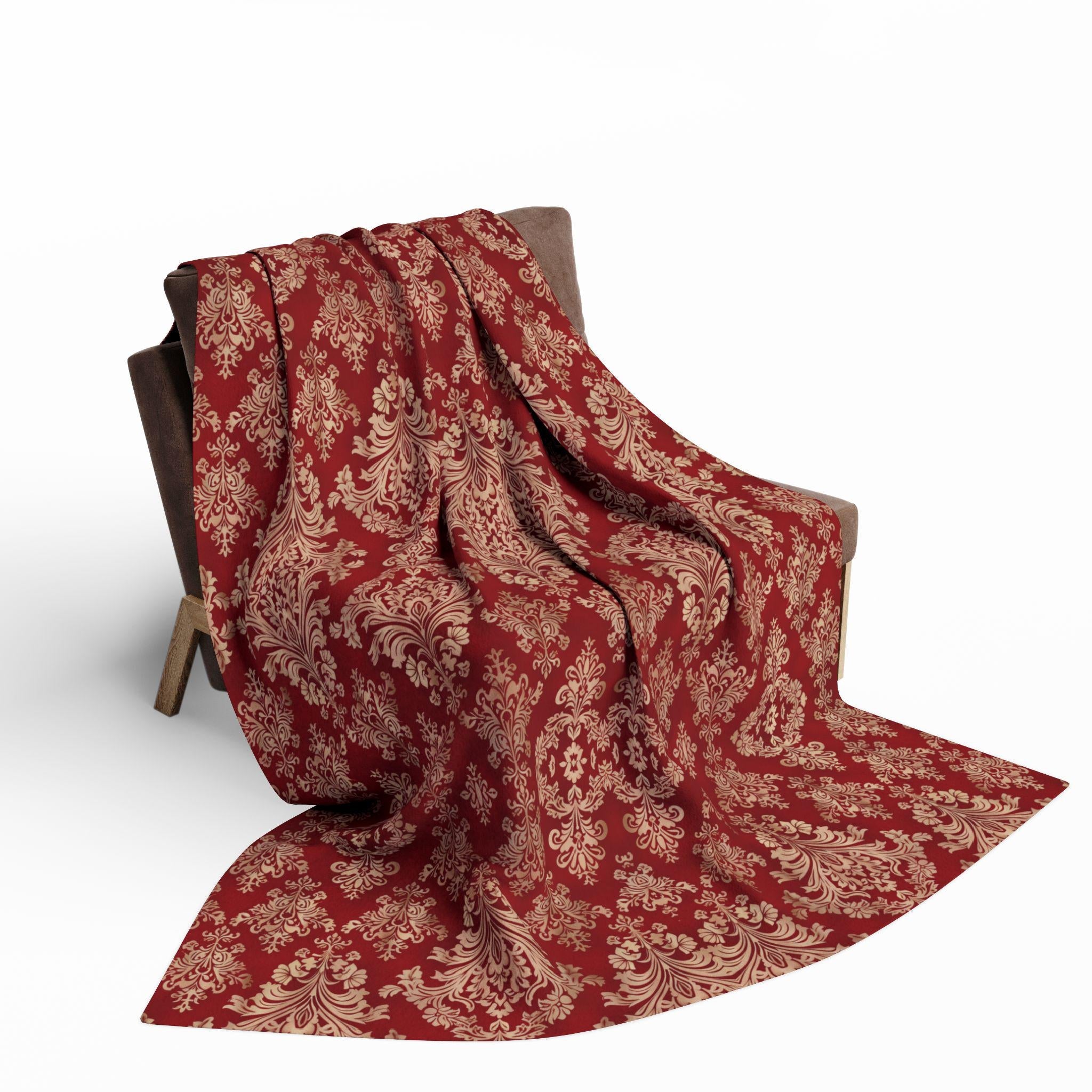Red & Pale Gold Damask Fleece Throw: Elegant Opulent Bedding