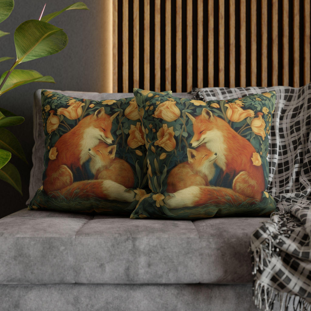 Mother's Bond Fox Pillow Cover: William Morris Inspired Woodland Botanical