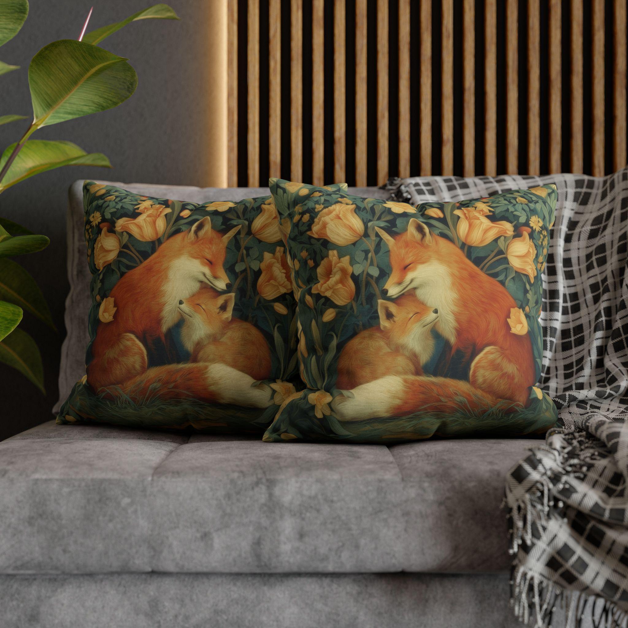Mother's Bond Fox Pillow Cover: William Morris Inspired Woodland Botanical