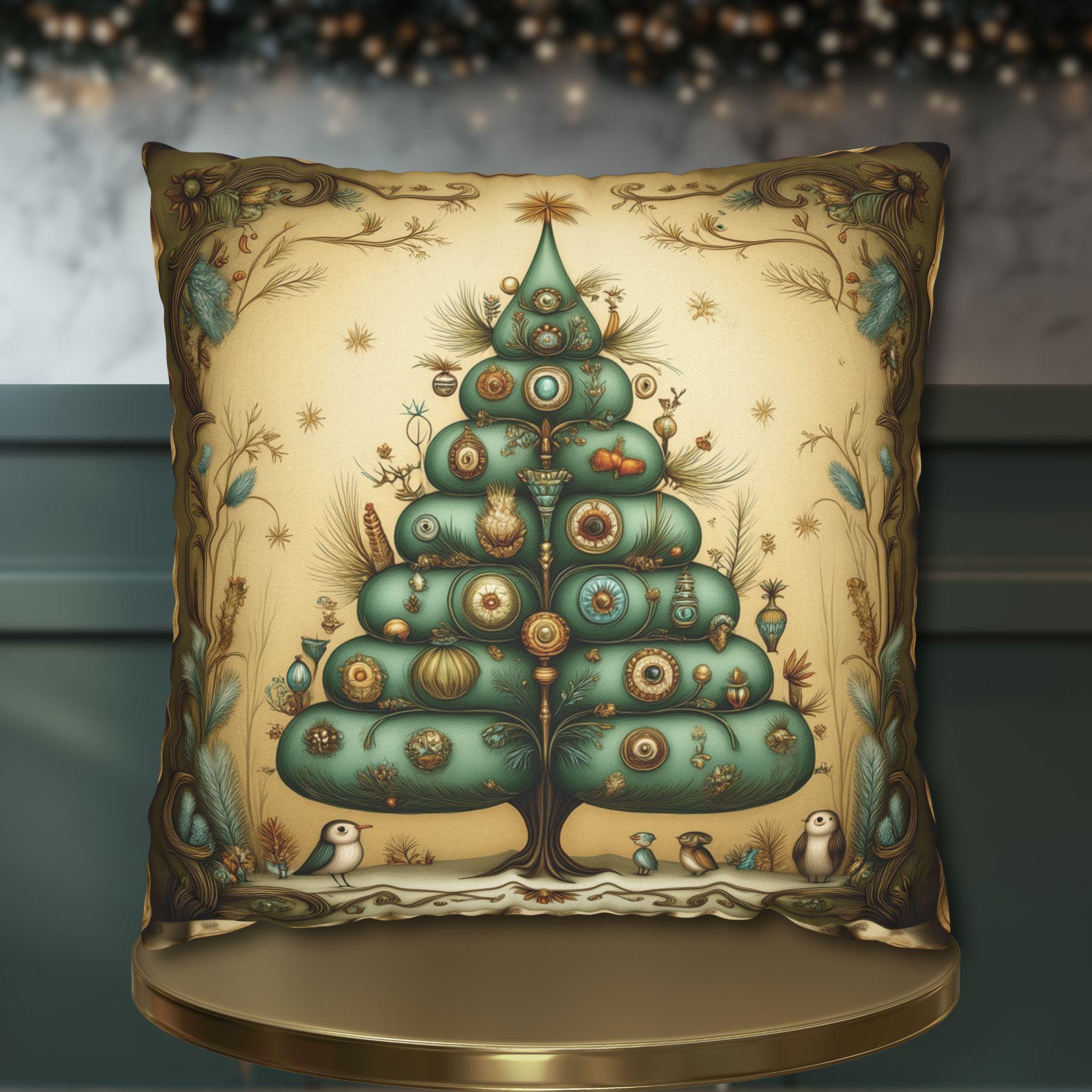 Whimsical Vintage Style Christmas Tree Pillow Cover: Playful Woodland Holiday Decor