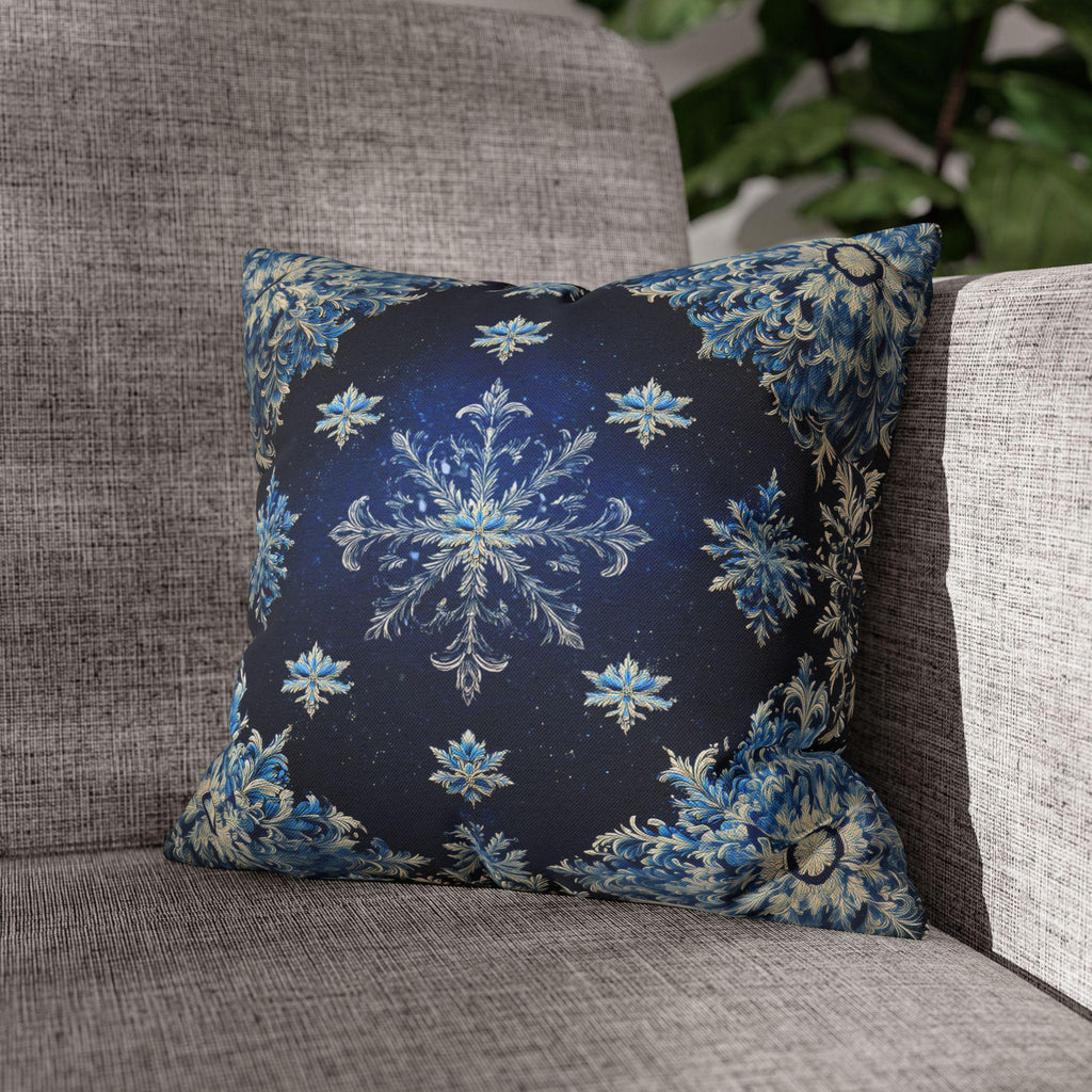 Sapphire Blue Snowflake Damask Christmas Throw Pillow Cover: Gold & White Winter Accent