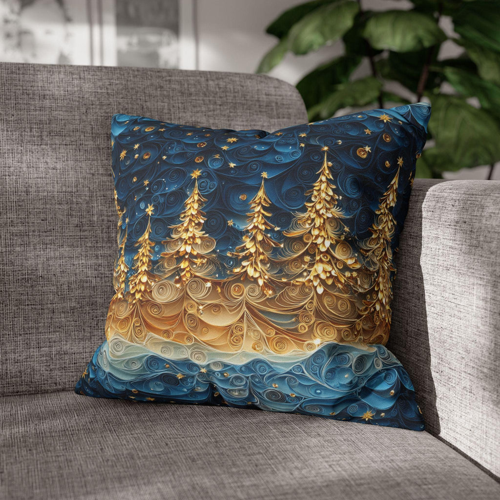 A Stary Night Christmas Pillow Cover, Paper Quilling-Inspired Design, Golden Trees Under a Winters night sky