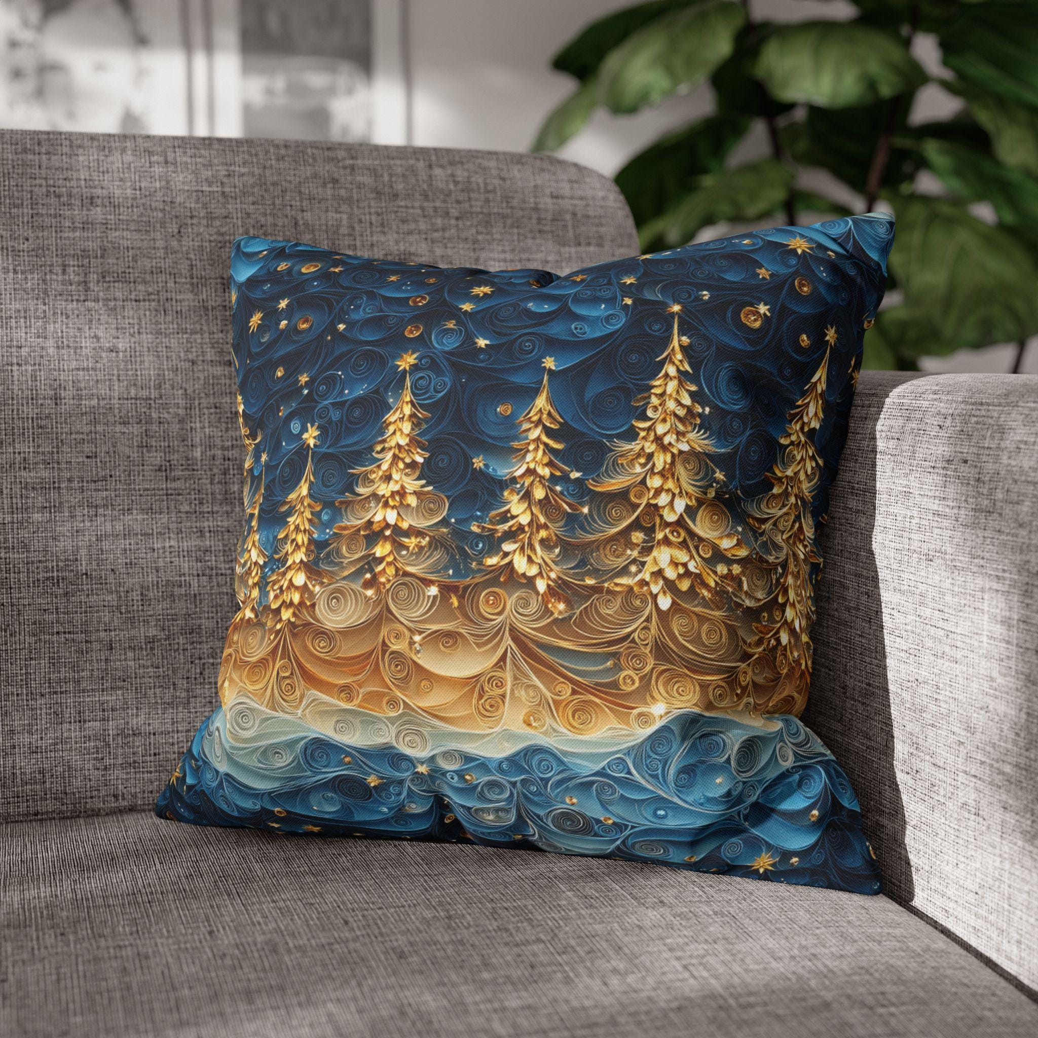 A Stary Night Christmas Pillow Cover, Paper Quilling-Inspired Design, Golden Trees Under a Winters night sky