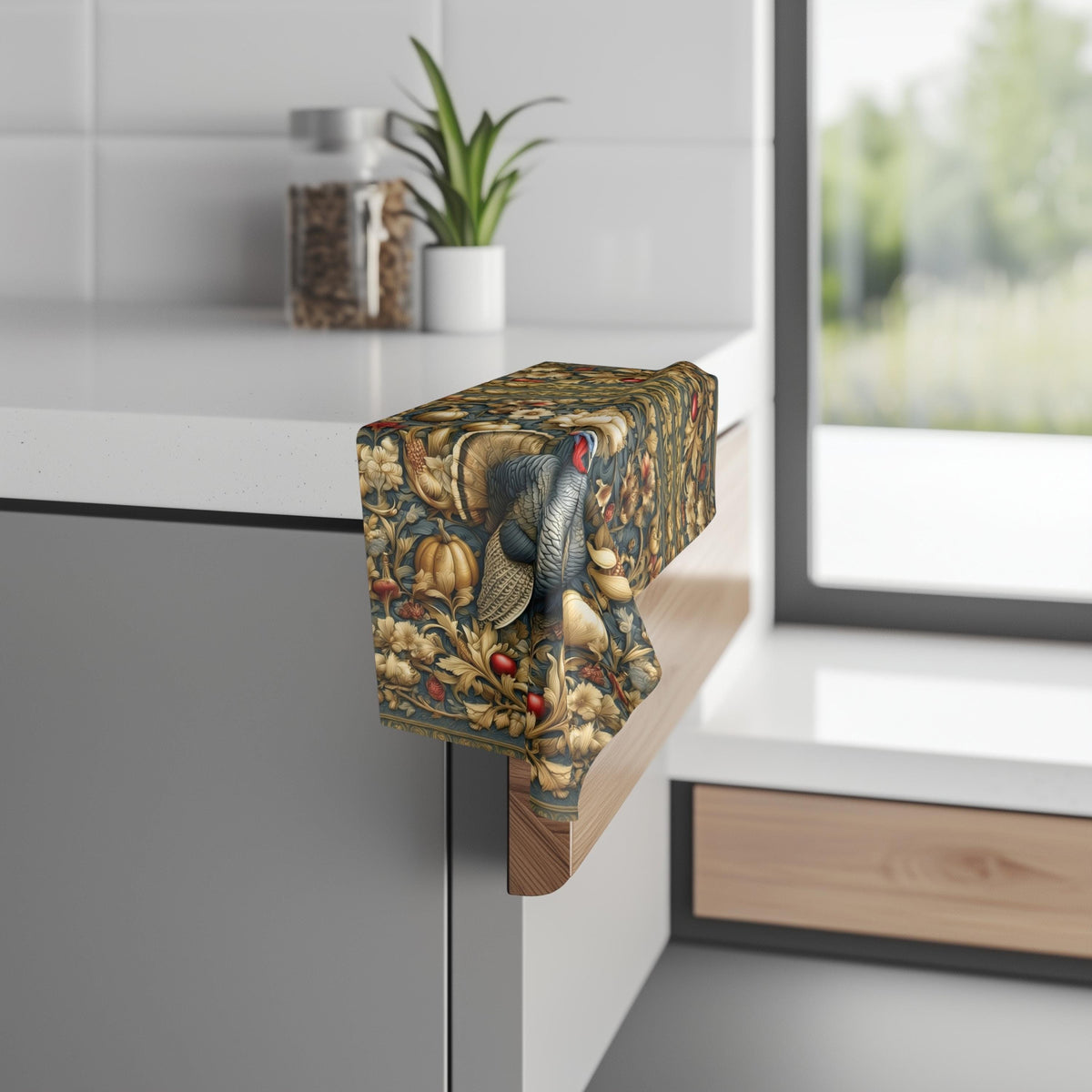 William Morris Autumn Hand Towel: Botanical Thanksgiving Turkey Decor, Grey-Blue and Gold