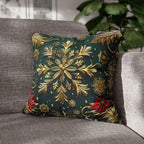 Holiday Snowflake Square  Pillowcase, Elegant Christmas Decor, Luxury Green & Gold Pillow Sham