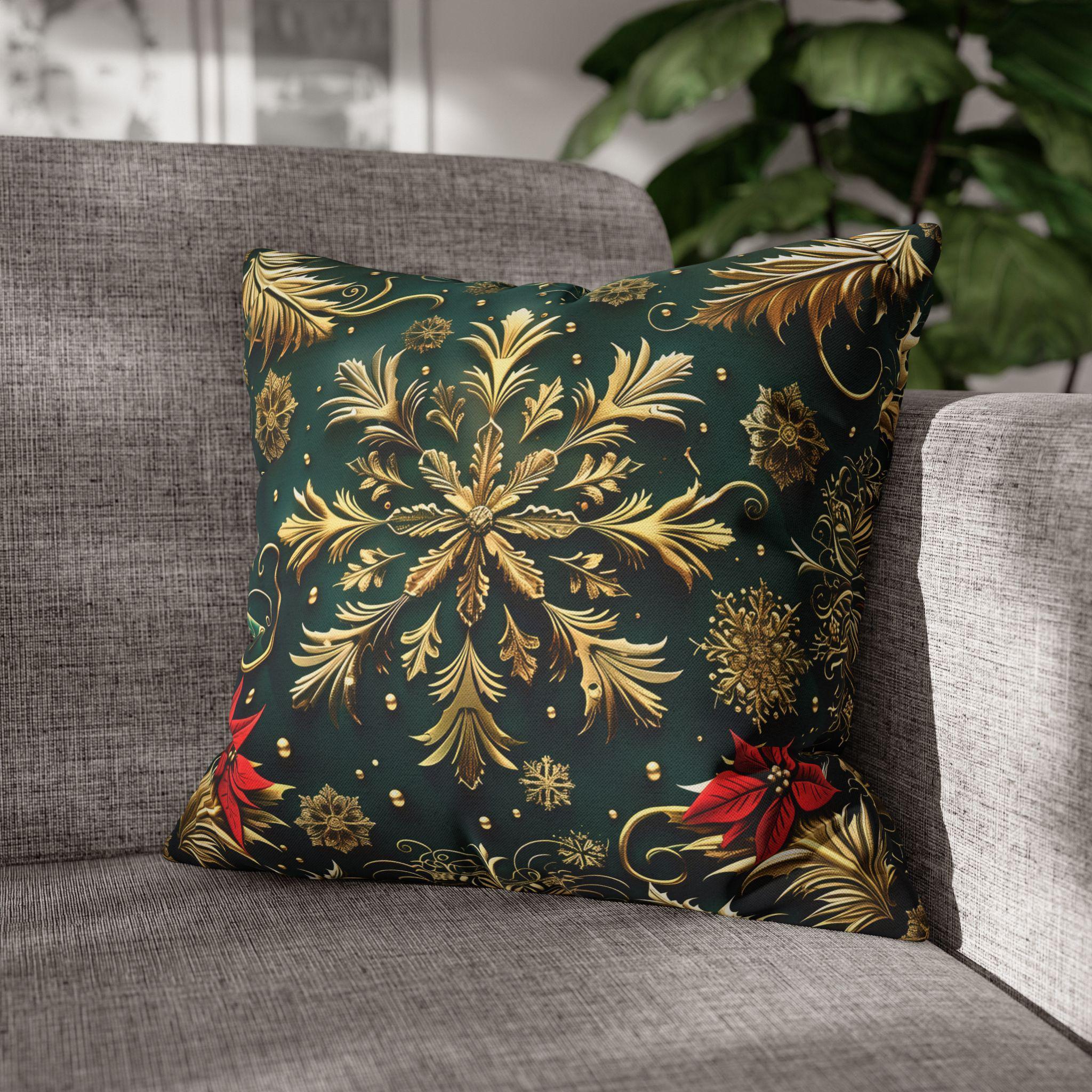 Holiday Snowflake Square  Pillowcase, Elegant Christmas Decor, Luxury Green & Gold Pillow Sham