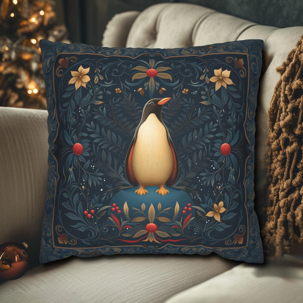William Morris Christmas Penguin Pillow Cover:  Elegant Winter Holiday Accent