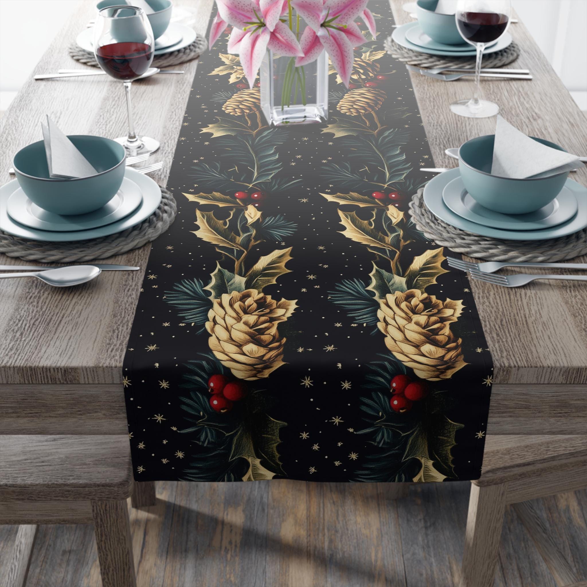 Pinecone & Holly Table Runner: William Morris Inspired Gold and Red Holiday Decor