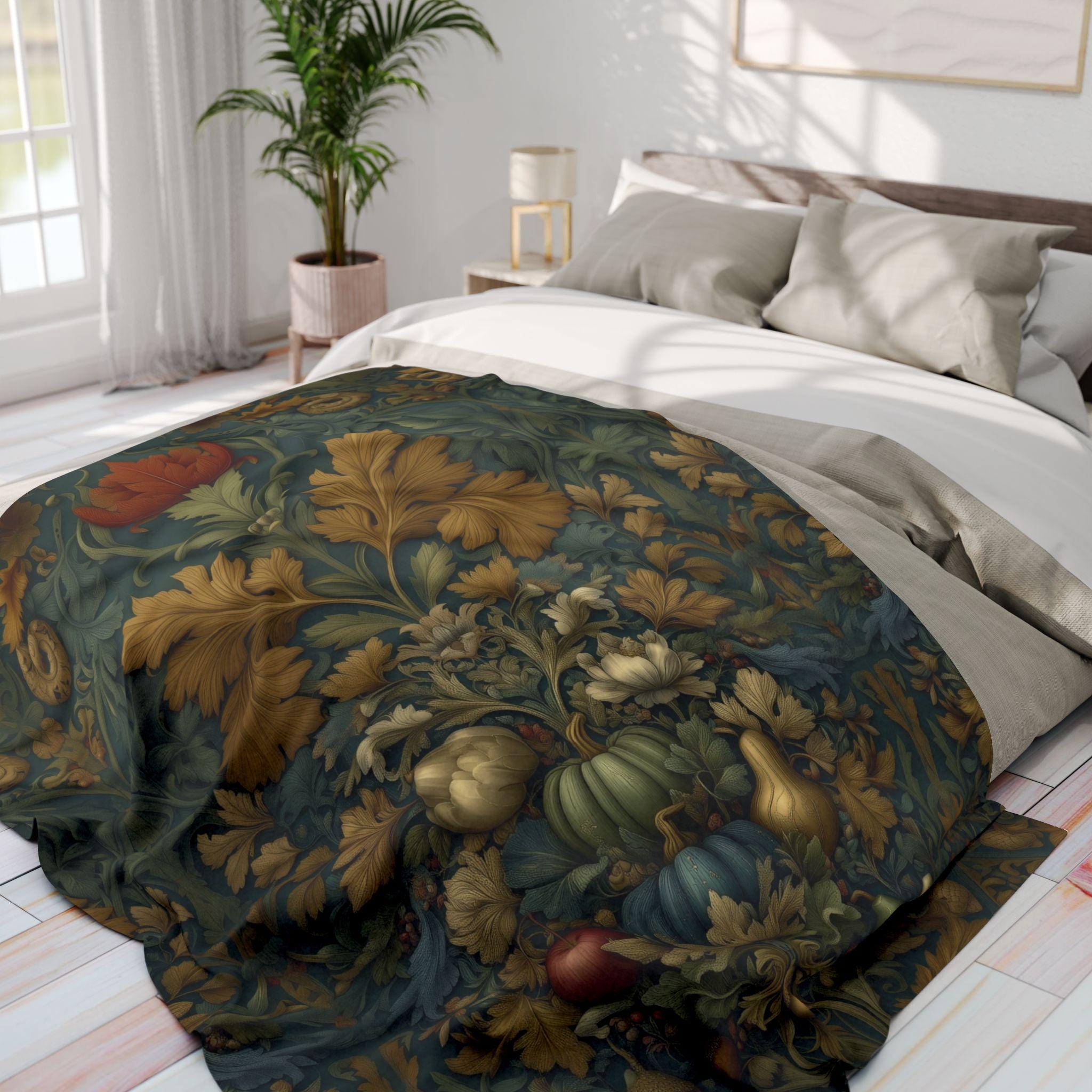 William Morris Inspired Throw Blanket: Autumn Harvest Thanksgiving Decor with Vintage Flair