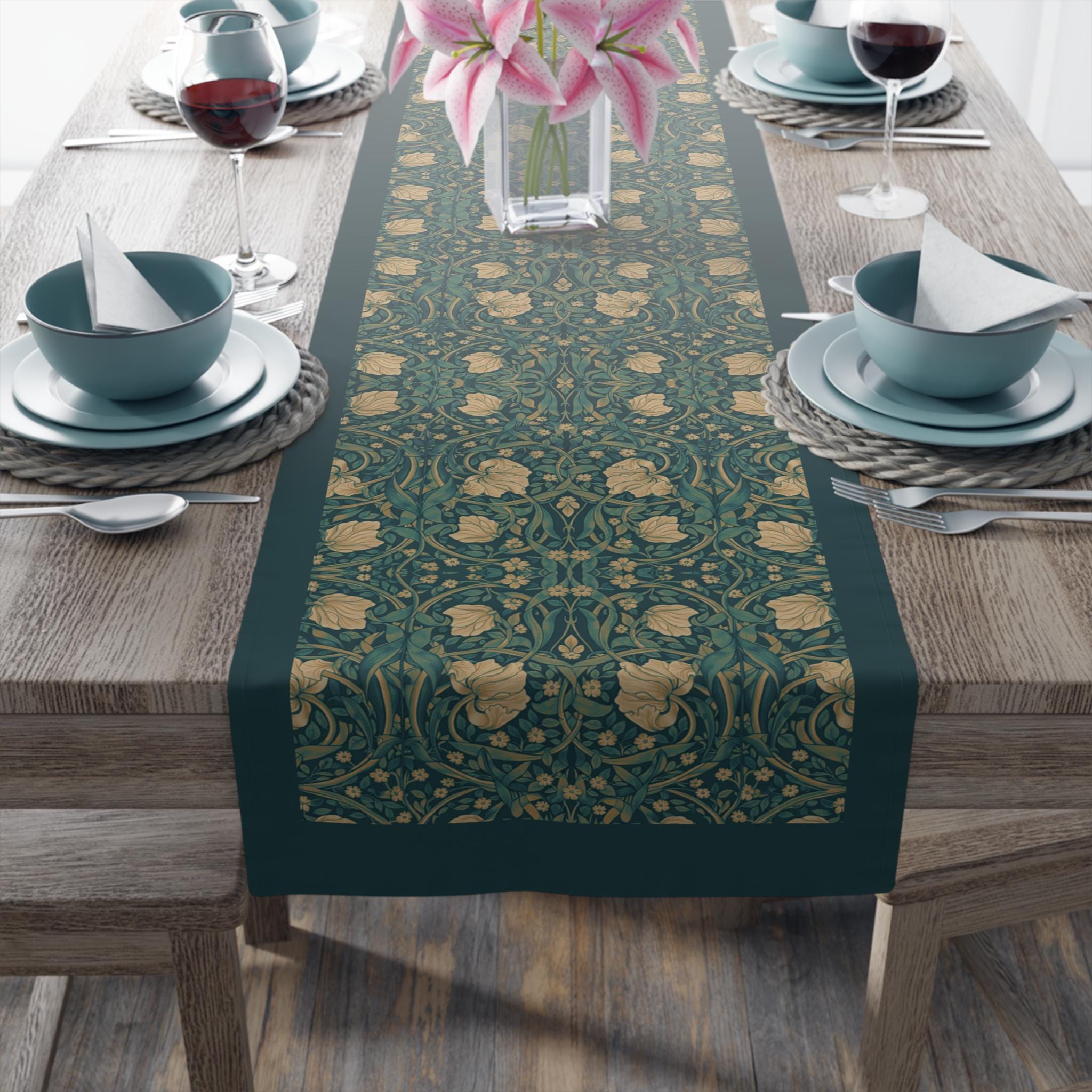 William Morris Midnight Teal Champagne Table Runner: Vintage Pimpernel Reconstructed