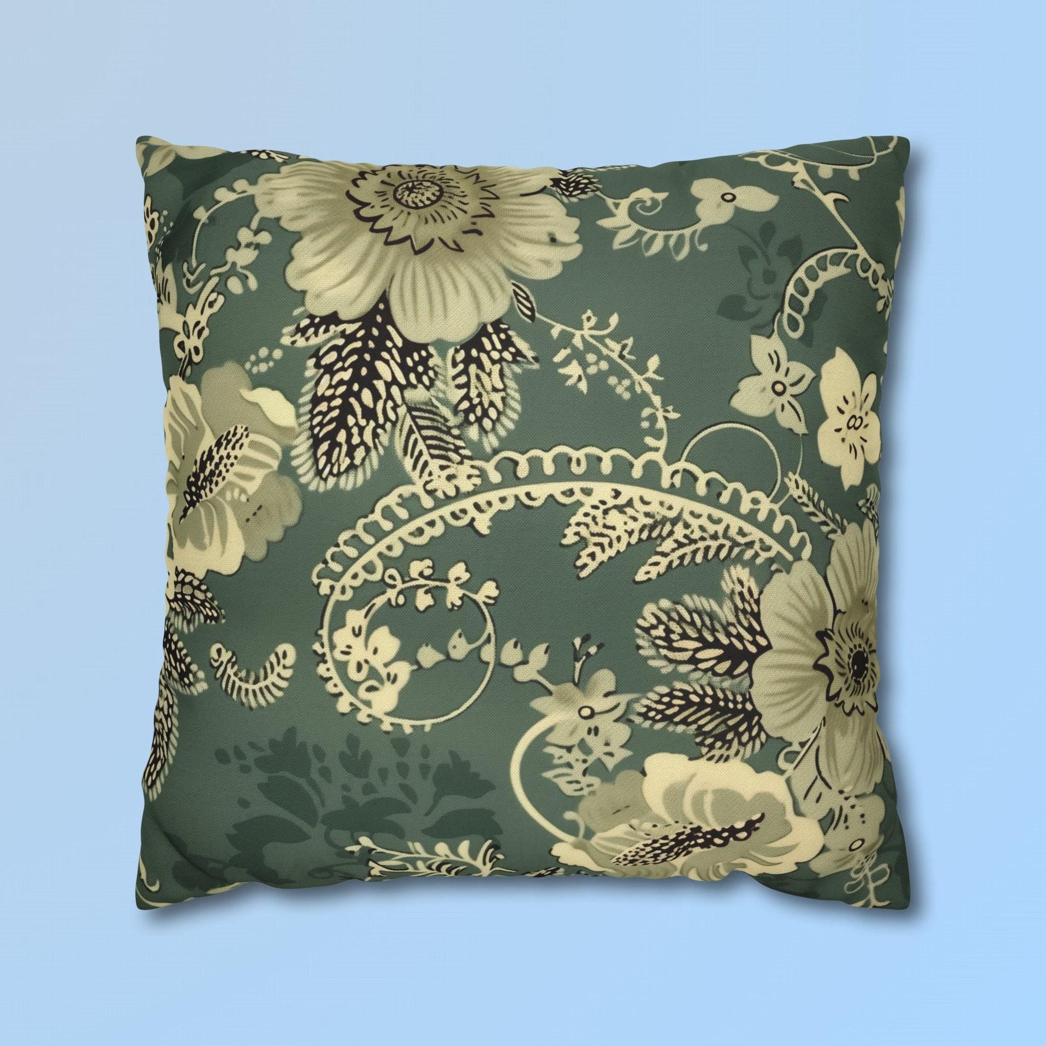 Mineral Green Floral Pillow Cover - French Cottagecore Cushion