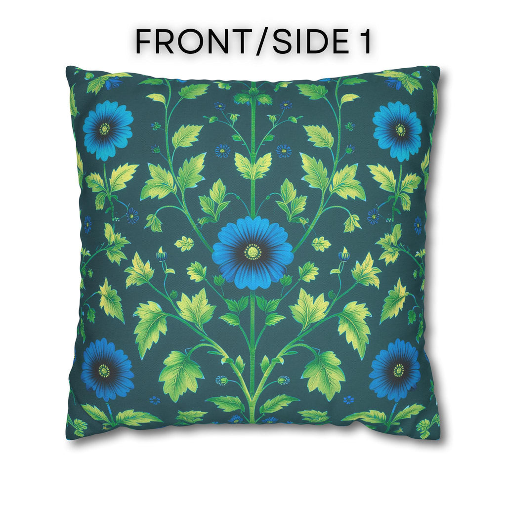 Reversible William Morris Pillow Cover: Teal & Aqua Floral Botanical Design