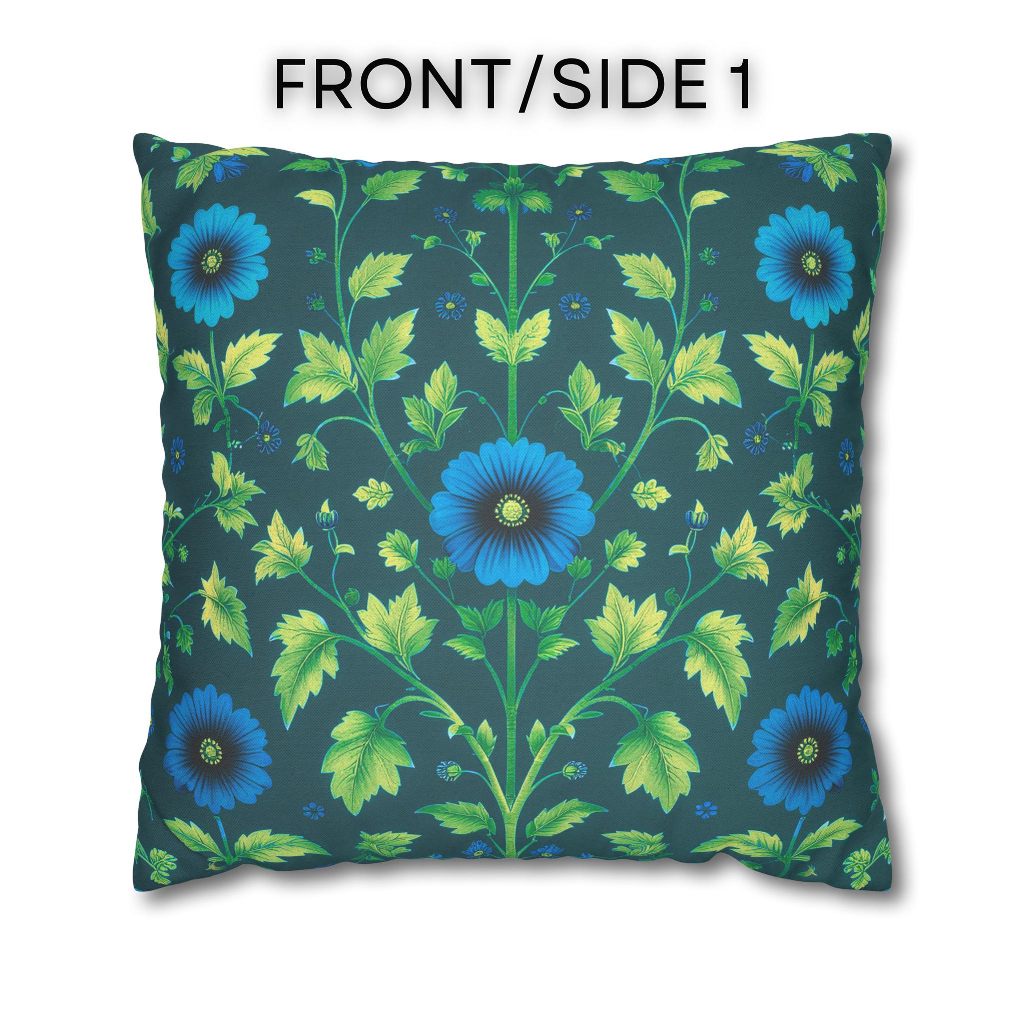 Reversible William Morris Pillow Cover: Teal & Aqua Floral Botanical Design