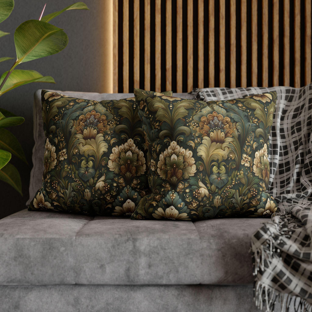 Botanical Damask Throw Pillow Cover: Moody Sage, Teal and Cream Floral