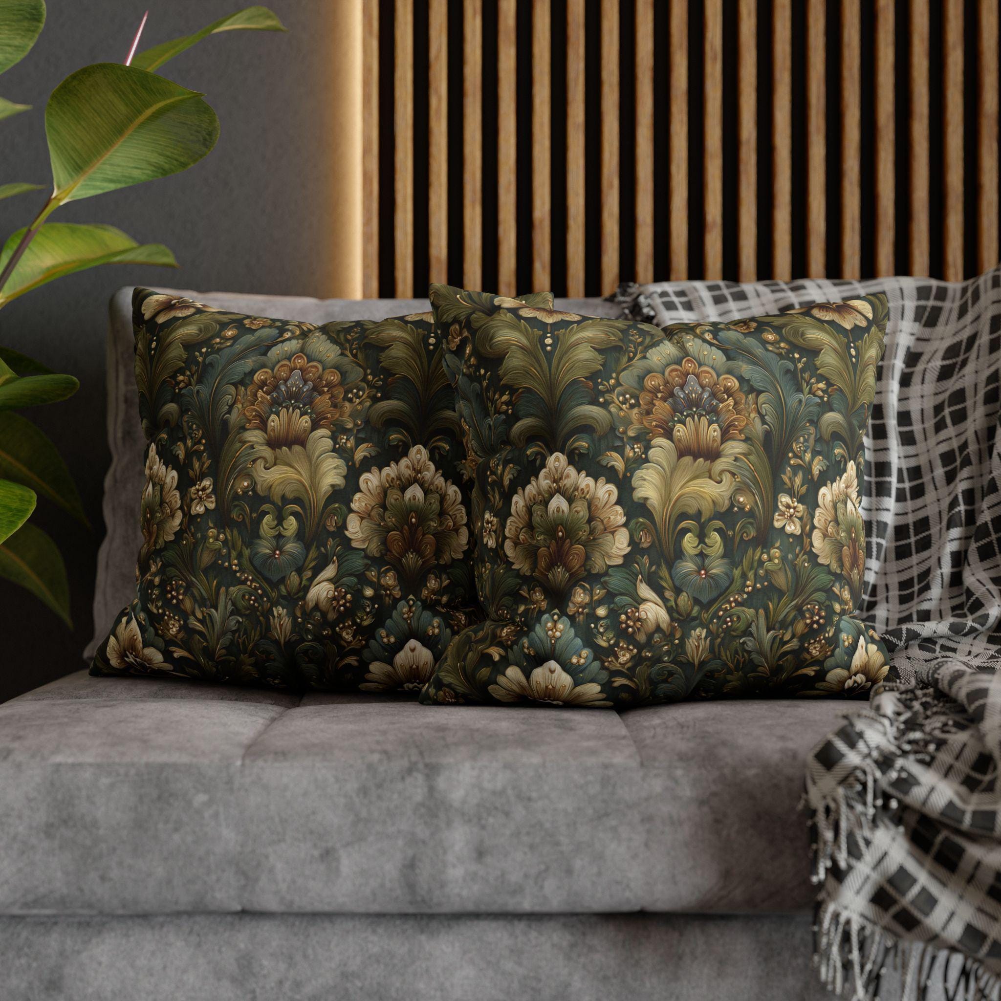Botanical Damask Throw Pillow Cover: Moody Sage, Teal and Cream Floral